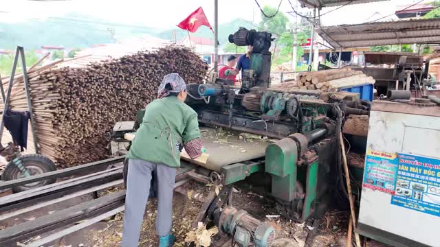 Man At Wood Peeling Machine