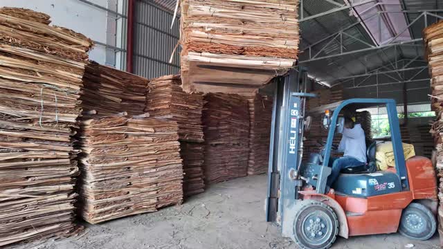 Forklift Beside Veneer Stacks