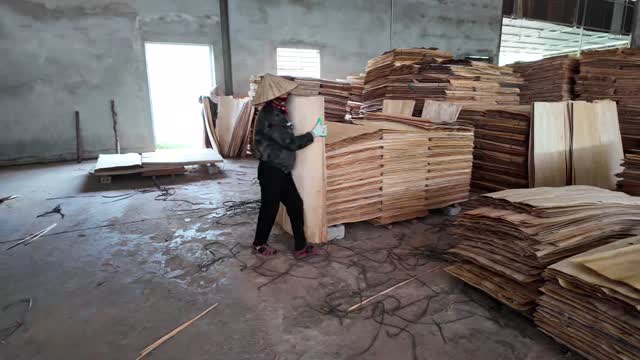 Worker Lifts Veneer Bundle