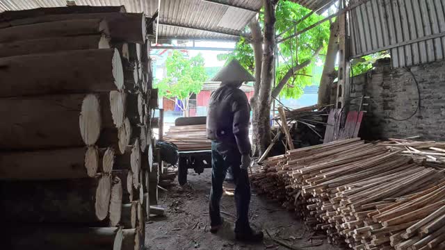 Worker Standing By Log Piles