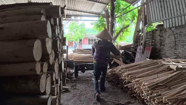 Worker Carrying Poles Away