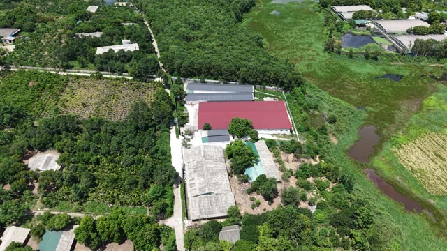 Red-Roofed Farm Among Fields