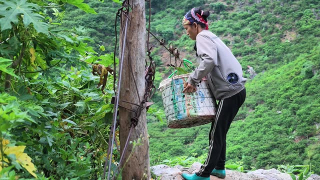 Woman Carrying Loaded Basket At Cliff Edge