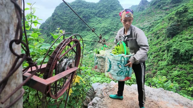 Woman Carrying Basket On Cable Pulley