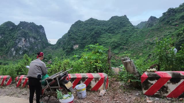Woman By Motorbike At Mountain Roadside