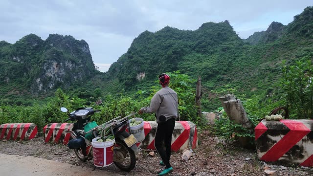 Woman Carrying Produce To Motorbike