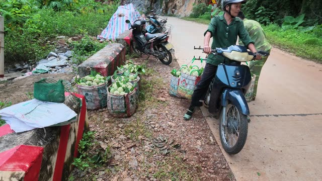 Loaded Motorbike Departing Down Road