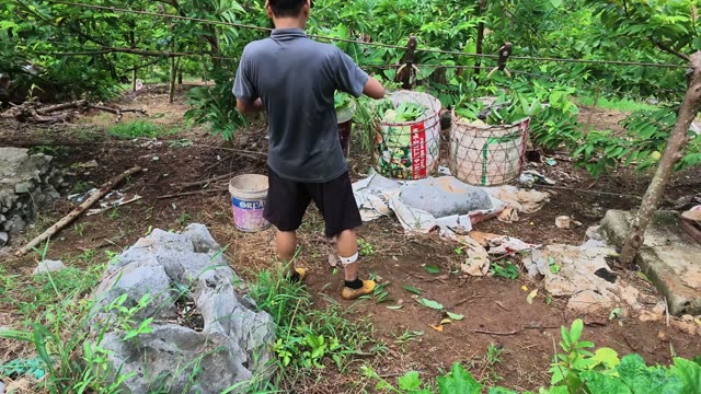 Man Placing Blossoms Into Bucket