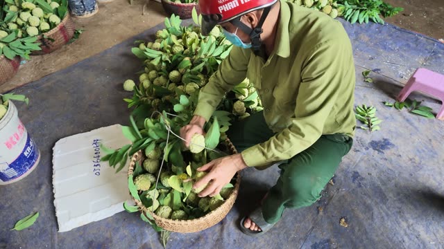 Man Tying Basket With Red Helmet