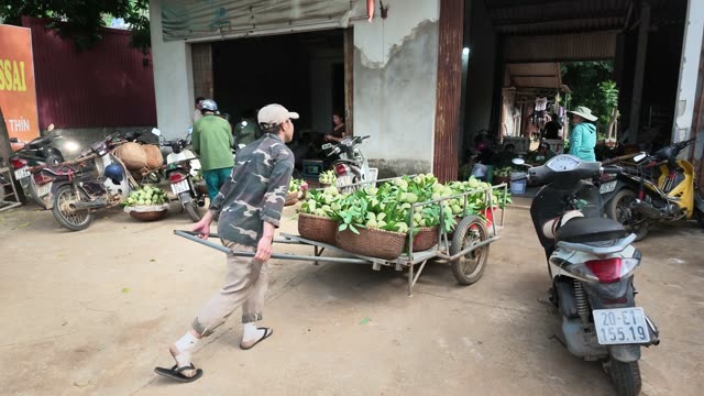 Man Pulling Cart Of Greens Past Shop