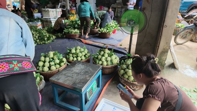 People Weighing Baskets At Market