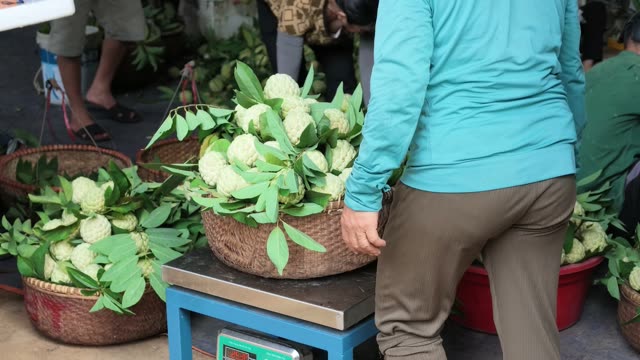 Woman At Scale With Fruit Basket