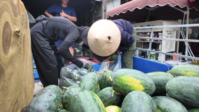 Market Worker Bagging Melons