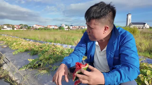 Farmer Tasting Fresh Watermelon
