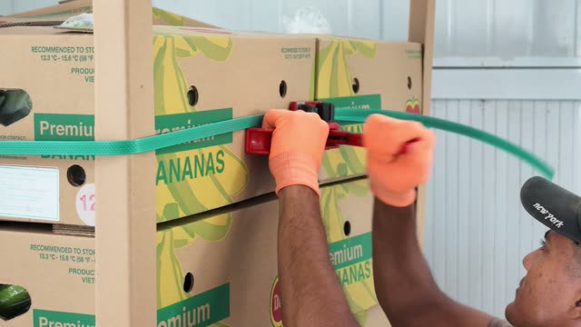 Worker Strapping Bananas Box Pallet