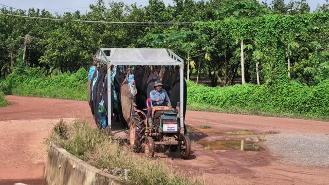 Farmer Driving Tractor With Trailer