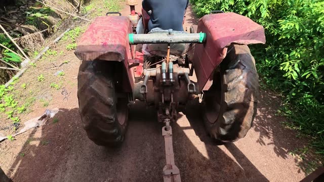 Worker Driving Red Tractor On Farm Road