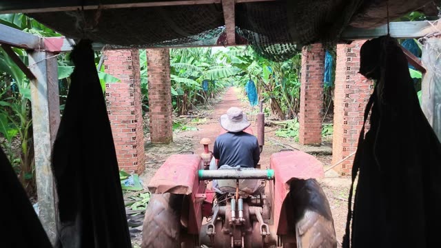 Tractor Passing Through Brick Pillar Shelter