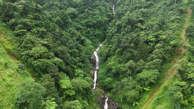 Twin Waterfalls In Green Ravine