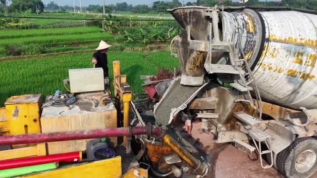 Cement Truck By Rice Field