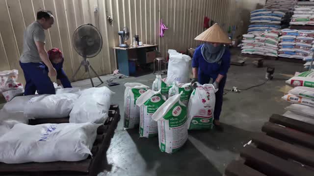 Workers Bagging Animal Feed