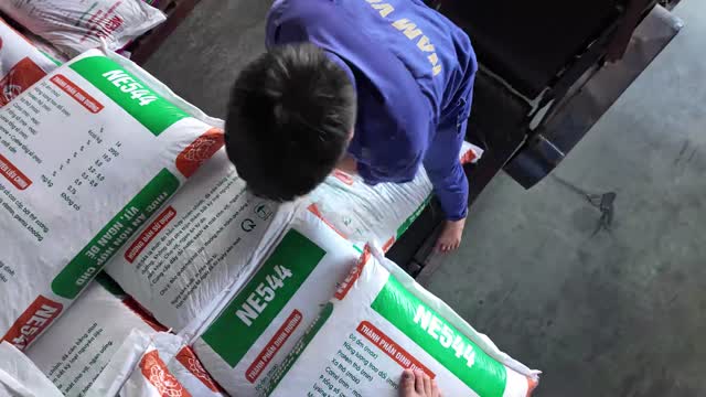 Worker Stacking Feed Sacks