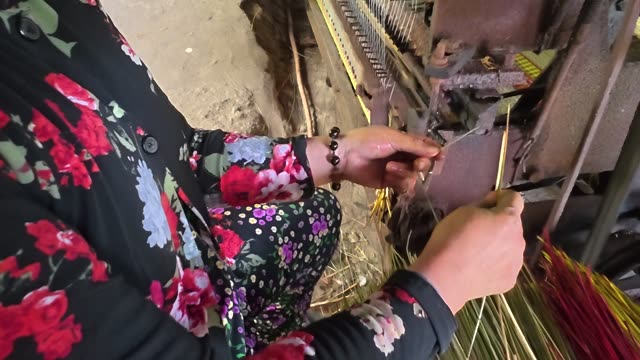 Weaving A Sedge Mat On A Loom