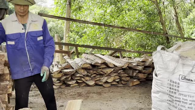 Worker By Firewood Log Pile