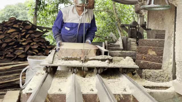Worker Sawing Timber Plank