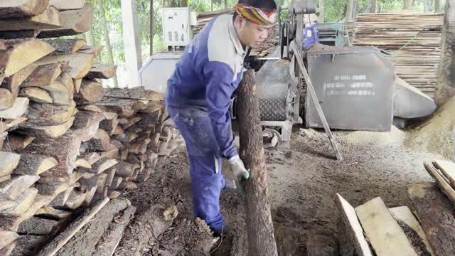 Worker Lifting Timber Log